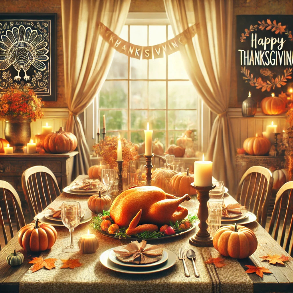 Thanksgiving Feast Table with Digital Greeting Card Icons