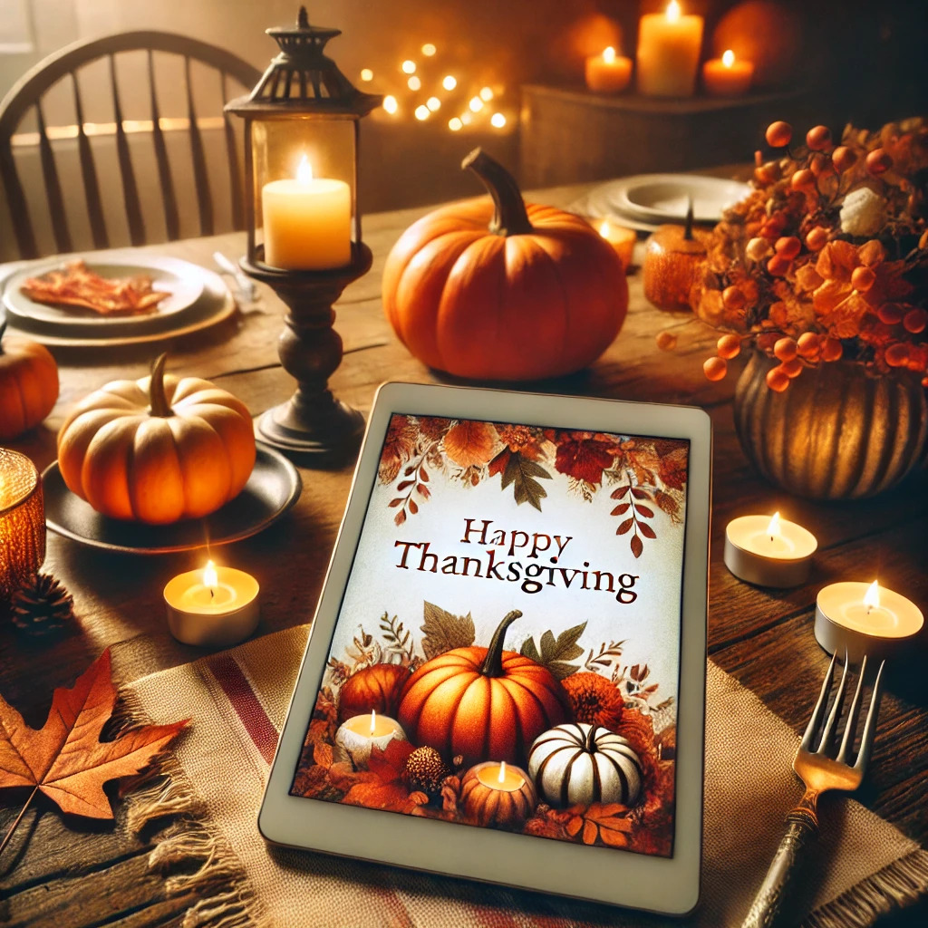 Thanksgiving Table Setting with Digital Greeting Ecard Display