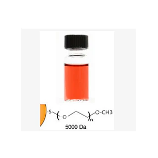 A small laboratory vial with a black screw cap containing a red liquid, likely a suspension of methylated gold nanoparticles. Below the vial is a chemical structure representing a polymer chain with a methoxy end group (–OCH₃) and a molecular weight of 5000 Daltons (Da), indicating a polyethylene glycol (PEG) coating. The image suggests a scientific or nanotechnology-related context