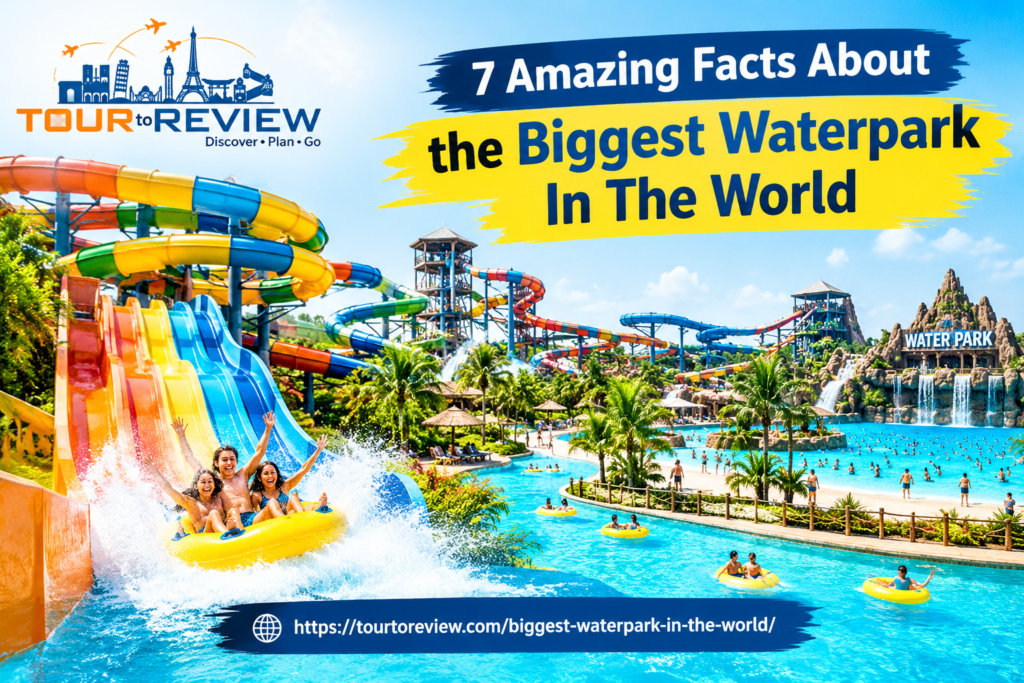 Biggest Waterpark In The World with colorful water slides, pools, tropical scenery, TourToReview logo, and website URL.